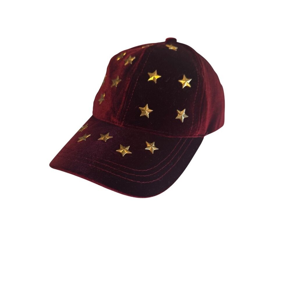 Steve Madden Burgundy Velvet Baseball Cap With Gold Star Embellishments one size